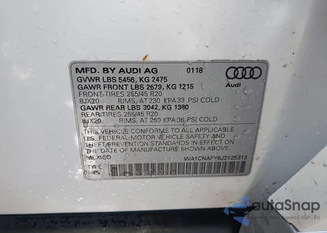 2018 Audi Q5 2.0T Premium/2.0T Tech Premium z USA, uszkodzony, nr VIN WA1CNAFY6J2125313